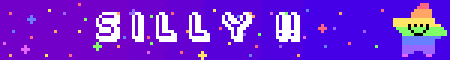 Pixel art banner with the words SILLY!! in bold white letters surrounded by confetti and a smiling character.